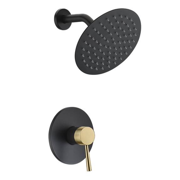 SUMERAIN Single-Function Shower Faucet Set Black and Gold, Stainless Steel 8 Inch Rain Shower Head Single Handle With Rough-in Valve Shower Trim Kit