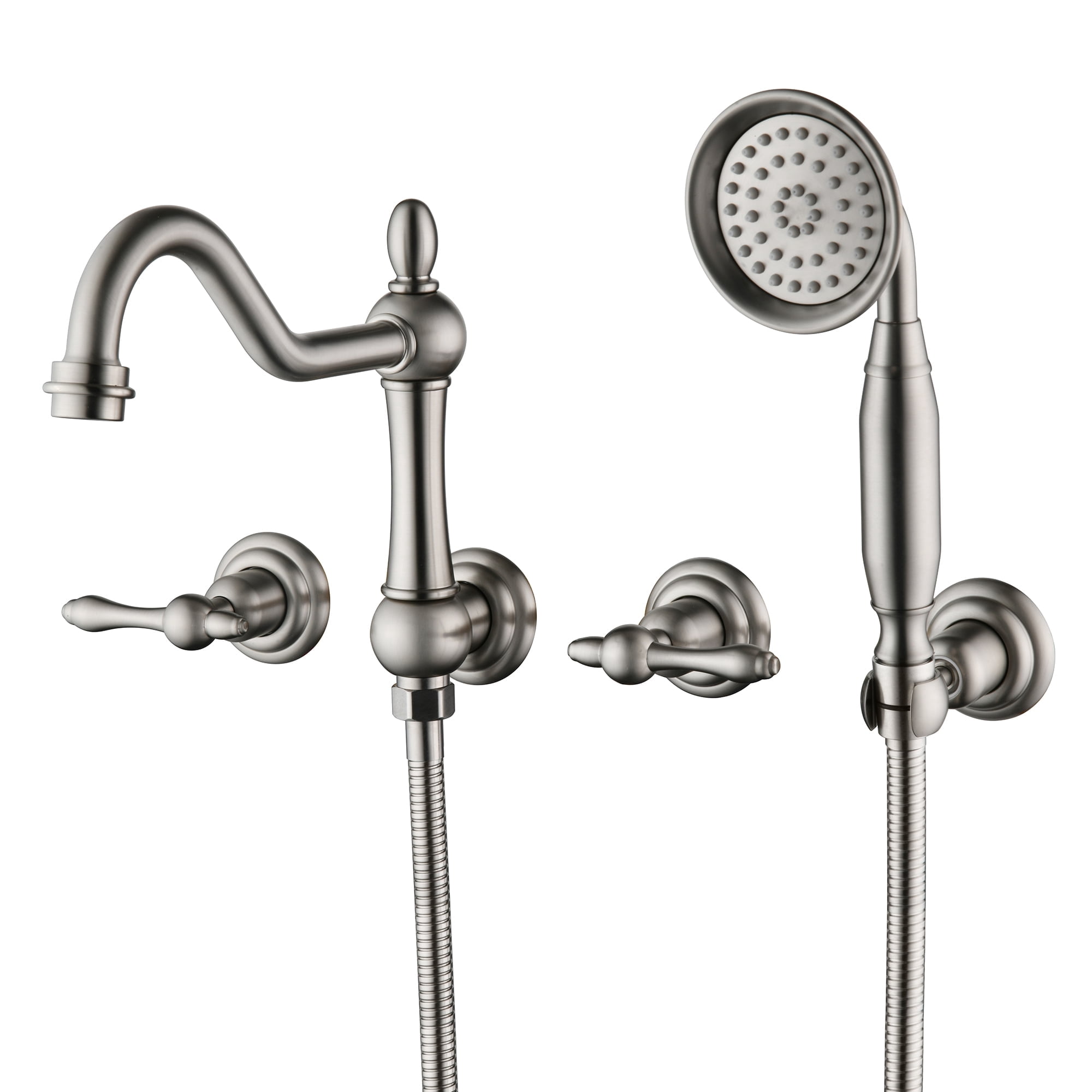 SUMERAIN Wall Mount Bathtub Faucet with Handheld Sprayer, High Flow Traditional Tub Filler Brushed Nickel, Rough-in Valve Included