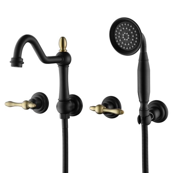 SUMERAIN Wall Mount Tub Faucet with Hand Shower, Vintage High-Flow Bathtub Filler Set Including Rough-in Valve, Black and Gold Finish