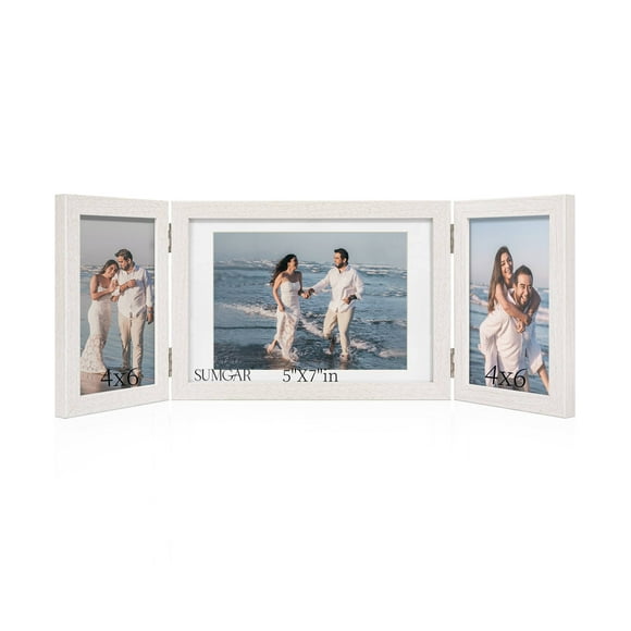 SUMGAR 5x7 White Picture Frame 3 Opening Triple Hinged Folding Frames Wall Tabletop Display, Photo Collage Frame for Wedding, Anniversary, Mother’s Day