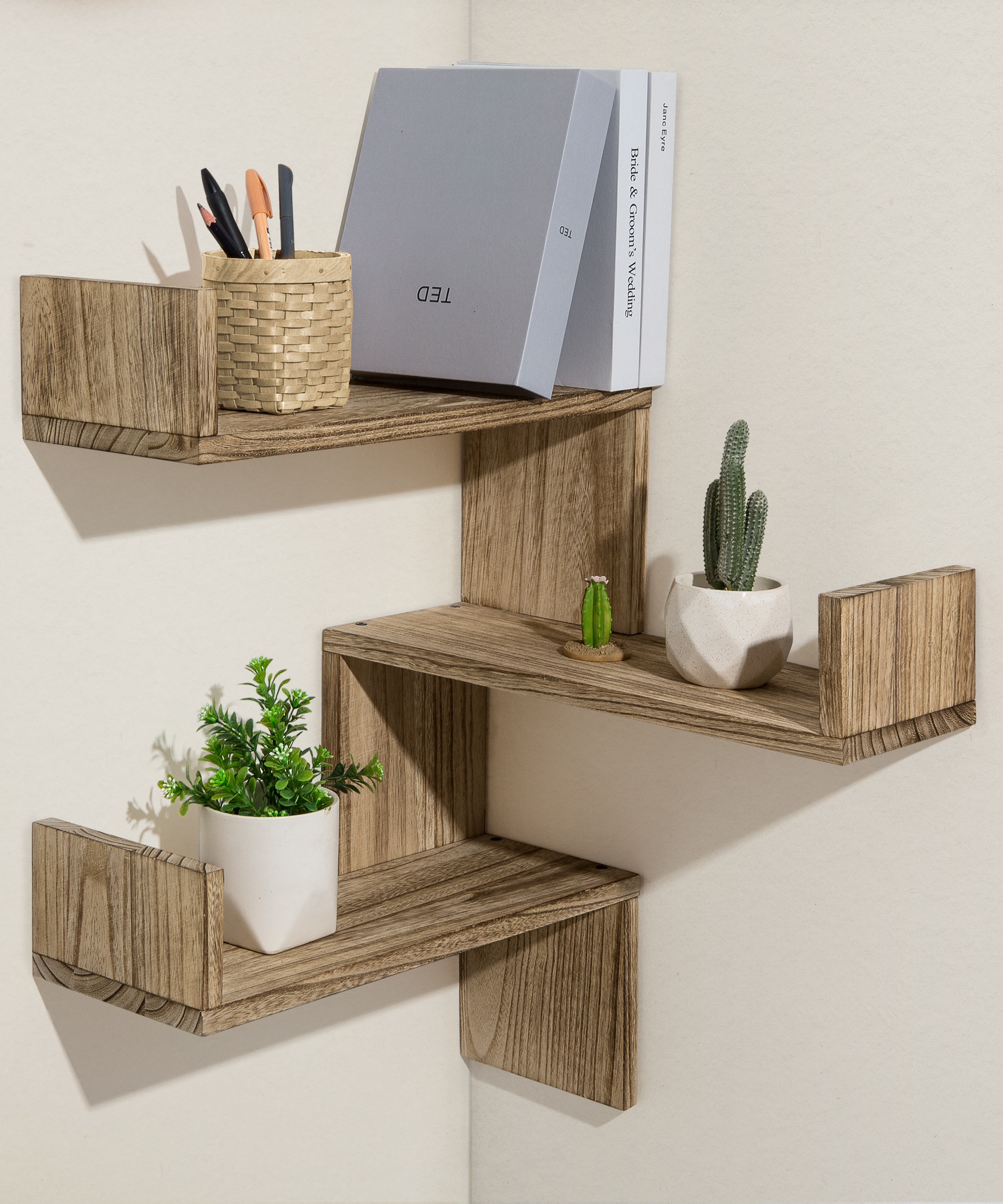 Greenco 5 Tier Wood Floating Wall Mount Corner Shelves White Finish