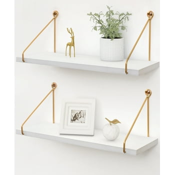 SUMGAR Floating Shelves for Wall, White Gold Modern Wall Mounted Shelf, Hanging Shelves for Bathroom, Bedroom, Living Room,Office Set of 2,16in