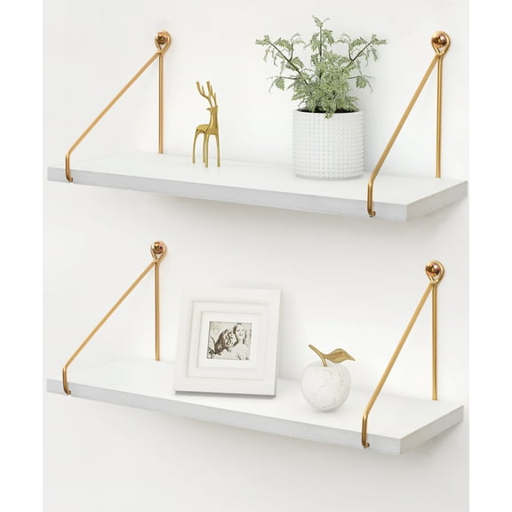 SUMGAR Floating Shelves for Wall, White Gold Modern Wall Mounted Shelf, Hanging Shelves for Bathroom, Bedroom, Living Room,Office Set of 2,16in