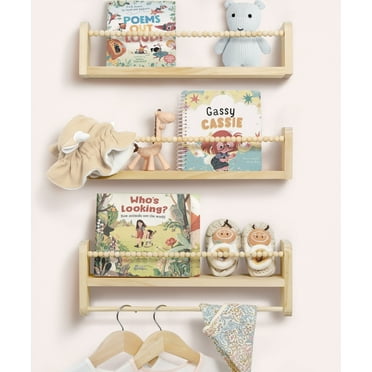 SUMGAR  Nursery Floating Shelves for Wall Set of 3 16in, Kids Bookshelf Toy Storage Organizer Natural Wood Shelves Wall Mounted for Kids Room, Bedroom and Kitchen