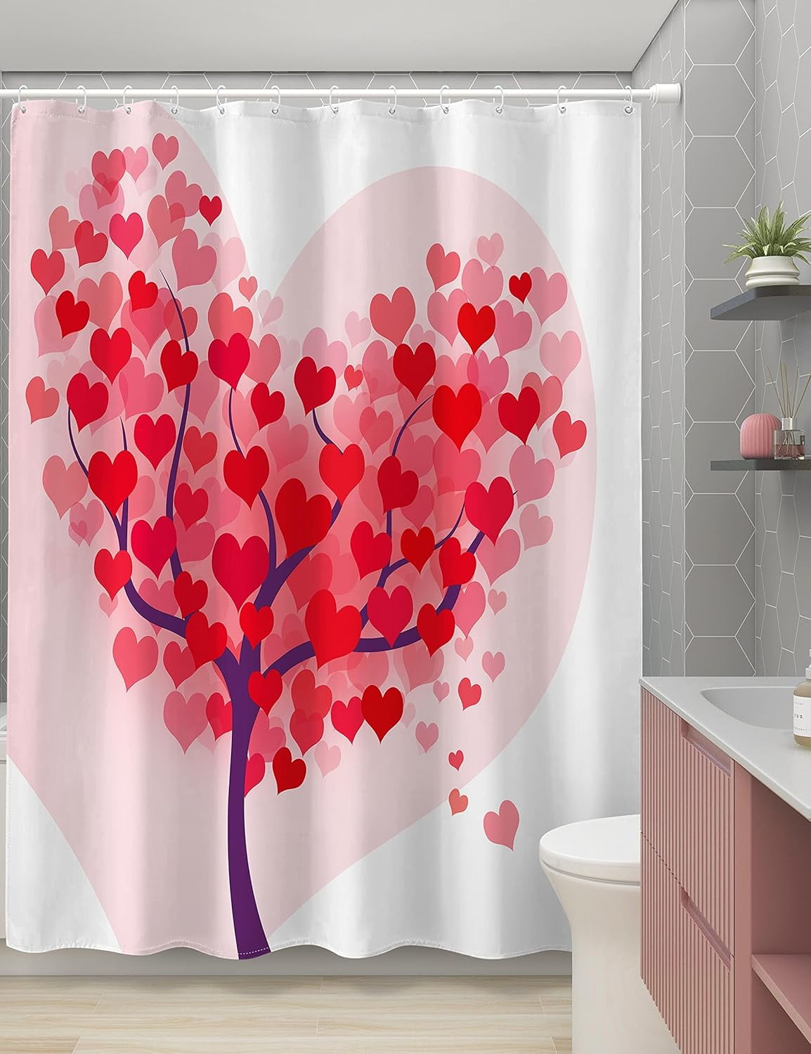 SUMGAR Pink Shower Curtains for Bathroom Love Heart Tree Valentine's