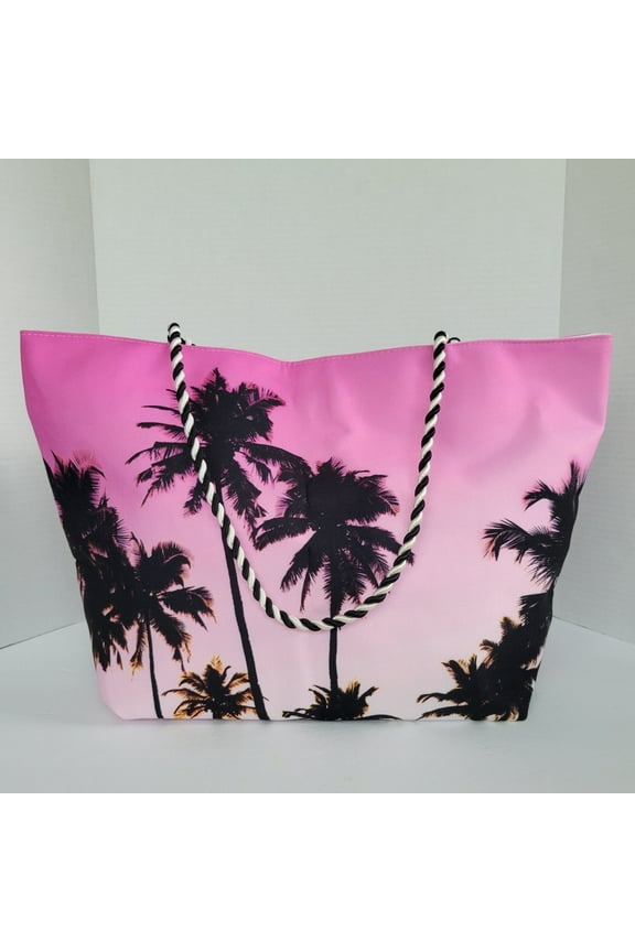 SUMMER BEAUTY TOTE PINK WITH BLACK PALM TREES