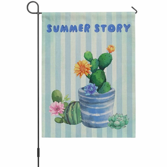 SUMMER Cactus Garden Flag 12 x 18 Inches, Succulents Green Plants Teal Stripes Weather Proof Outdoor Patio Flags Double Sided Small Garden Decoration for Yard Outside Home
