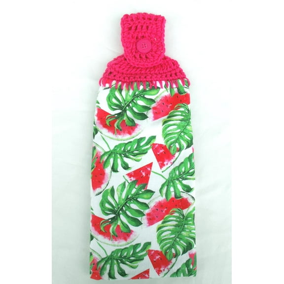 SUMMER FUN - LEMONS ORANGES WATERMELON AND BERRIES - DOUBLE/FULL HANDMADE CROCHET TOP KITCHEN TOWEL (SLICED WATERMELON)