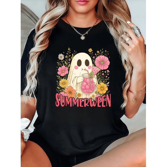 SUMMERMEEN Ghost Watermelon Milk Tea Graphic T-shirt, round-neck short-sleeved, casual black S-5XL