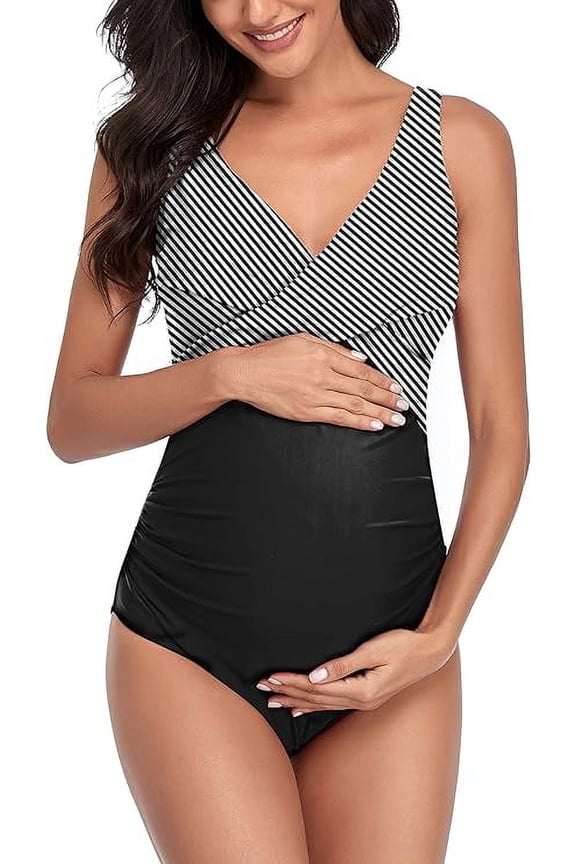 Maternity One Piece Swimwear Front Cross Pregnancy Swimsuit Bathing Suit Maternity Bikini Black Stripes M