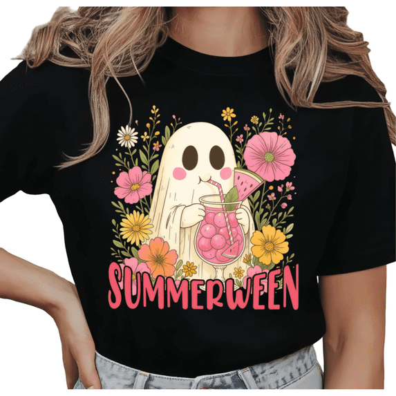SUMMERWEEN Ghost sip Print T-Shirt Short Sleeve Crewneck Casual Top