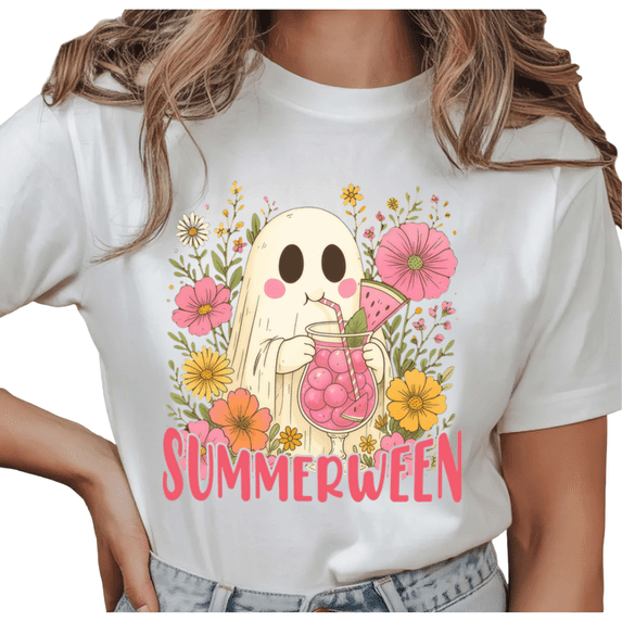 SUMMERWEEN Ghost sip Print T-Shirt Short Sleeve Crewneck Casual Top