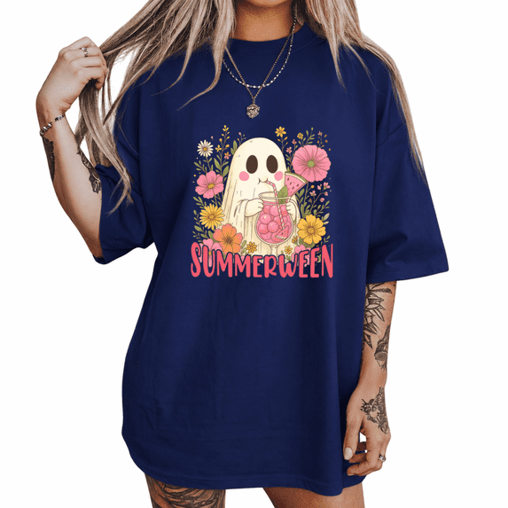 SUMMERWEEN Ghost sip Print T-Shirt Short Sleeve Crewneck Casual Top
