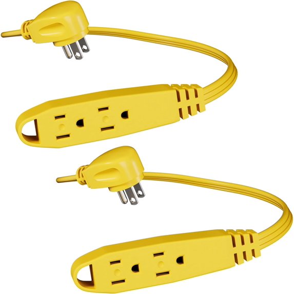 SUMMIT - 1 Feet 3 Outlet Extension Cord with Flat Plug - Triple Extension Wire Grounded Multi Outlet for Indoor Use, UL Listed 16/3 SPT-3, 13 Amp - 125V - 1625 Watts, 2 Pack, Yellow