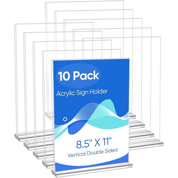 SUMMIT 10 Pack Acrylic Sign Holder 8.5 x 11, Clear Double Side T Shape Acrylic Table Sign Stands for Display, Flyer Holder Paper Card Holder for Office Business Store Malls Restaurants