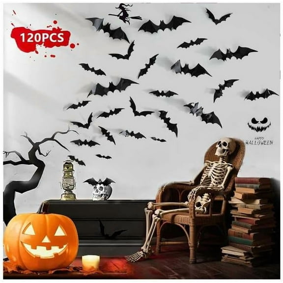 120pcs Halloween Bats Decorations Outdoor Indoor, Halloween Party Supplies, 3D Bat Stickers for Wall Window Home Kitchen Scary Decor (4 Sizes, Black)