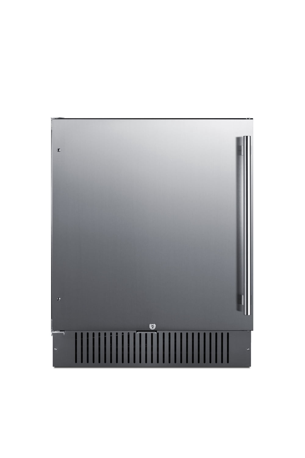 27" wide built-in undercounter all-refrigerator with stainless steel door, black cabinet, door storage, lock, and digital controls