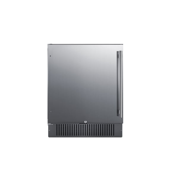27" wide built-in undercounter all-refrigerator with stainless steel door, black cabinet, door storage, lock, and digital controls