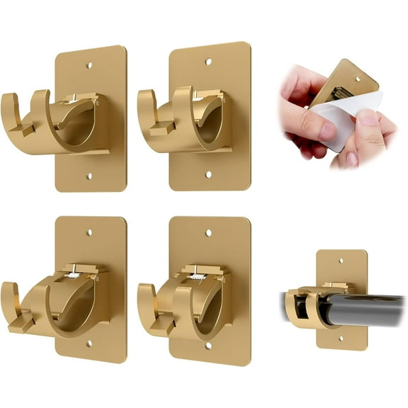 SUMMIT 4PCS No Drill Curtain Rod Brackets, Gold Plastic, Self-Adhesive & Screw Mount, Holds Up To 20 Pounds, Suitable For Rods Up To 1.57 Inch Diameter