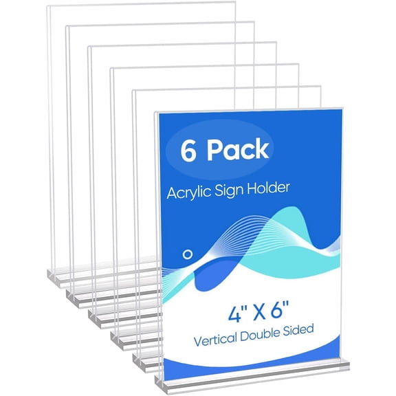 SUMMIT 6 Pack Acrylic Sign Holder 4 x 6, Clear Double Side T Shape Acrylic Table Sign Stands for Displaying, Flyer Holder Paper Card Holder for Office Business Store Mall Restaurants
