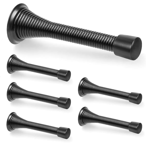 SUMMIT-6 Pack Black Spring Door Stops, 3-1/4" Heavy Duty Wall Mount Door Stoppers, Flexible Spring Doorstops Wall Protector with Rubber Bumper Tips