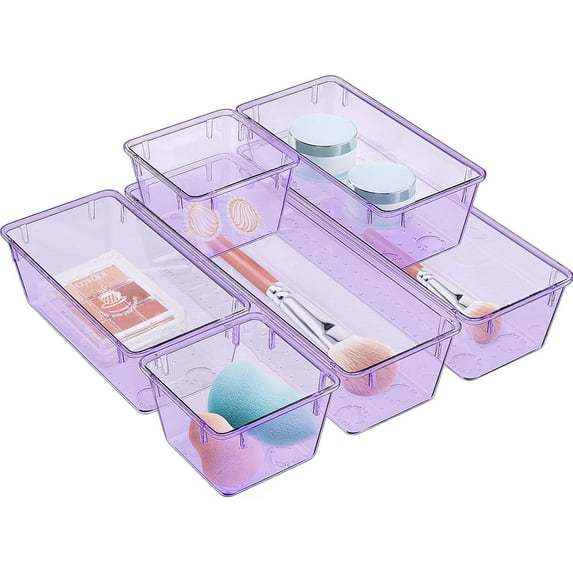 SUMMIT 6 Pack Clear Drawer Organizer Set, Acrylic Drawer Storage Trays, Storage Bins for Makeup, Cosmetics, Jewelries, Utensils, Gadgets, Office, Purple