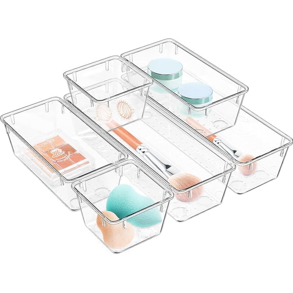 SUMMIT 6 Pack Clear Drawer Organizer Set, Acrylic Drawer Storage Trays, Storage Bins for Makeup, Cosmetics, Jewelries, Utensils, Gadgets, Office