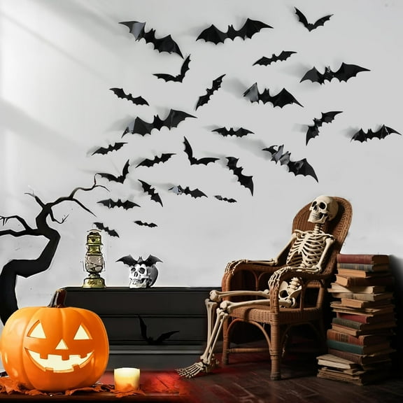 SUMMIT 60pcs Bats Decorations Outdoor Indoor, Halloween Party Supplies, 3D Bat Stickers for Wall Window Home Kitchen Scary Decor (4 Large Sizes, Black)