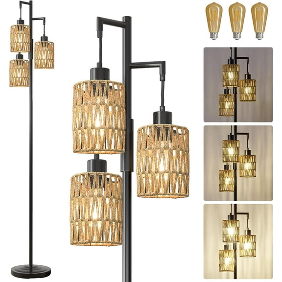 SUMMIT-68" Floor Lamps for Living Room, Stepless Dimmable Boho Floor Lamp with 3 Bulbs, Tall Farmhouse Industrial Corner Standing Tree Lamp for Bedroom, Office, Study Room, Dining Room, Black