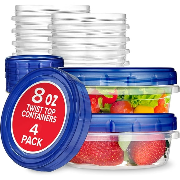 SUMMIT 8oz Plastic Containers with Twist Top Lids (4 Pack), 1 Cup Small Freezer Containers for Leftover Food, Airtight Reusable Soup Containers with Lids, Microwave and Dishwasher Safe