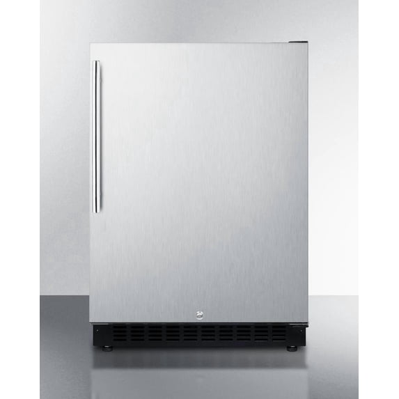 Built-in undercounter ADA compliant all-refrigerator with wrapped stainless steel exterior, thin vertical handle, door storage, and digital controls