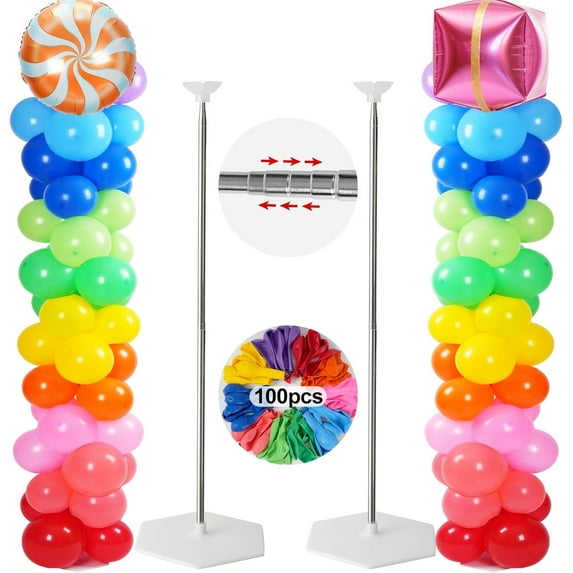 SUMMIT - Adjustable balloon columns set of 2 with balloons (Includes 100 Colorful Balloons), 78 Inch balloon tower Reusable Metal Telescopic Design for Weddings, Birthdays, Baby Showers.