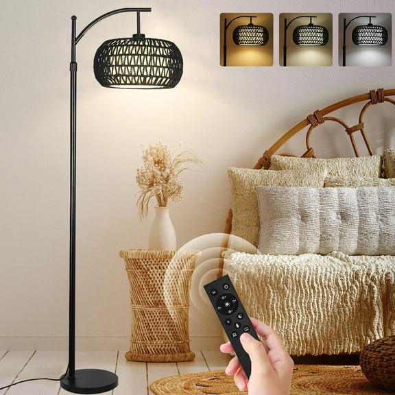 SUMMIT-Arc Floor Lamp with 3 Color Temperatures,Black Floor Lamp with Remote Control, Boho Standing Lamp with Rattan Wicker Shades, Farmhouse Tall Pole Lamp for Living Room Bedroom