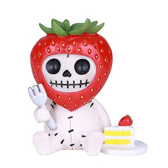 SUMMIT COLLECTION Furrybones Ichigo Signature Skeleton in Strawberry Head Costume with a Fork and Slice of Strawberry Shortcake.