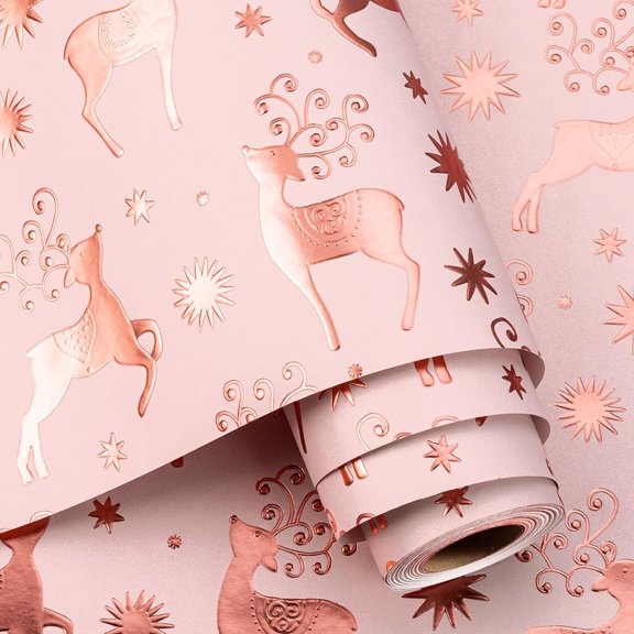 SUMMIT - Christmas Wrapping Paper Pink Kraft Girl Gift Wrap, 3D Embossed Rose Gold Reindeer & Star, Mini Roll 17 In x 33 Ft, Luxury Holiday Gift Packaging for Winter Christmas, Pink Rose Gold