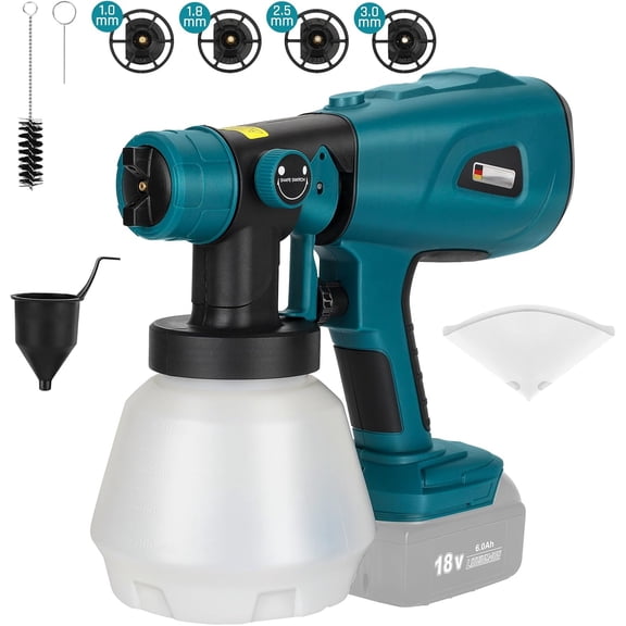 SUMMIT-Cordless HVLP Paint Sprayer,200W High Power Spray Gun with 4 Copper Nozzles&3 Spray Patterns,Compatible with Makita 18V Battery for Furniture Cabinets Fence House Painting,Battery Not Included
