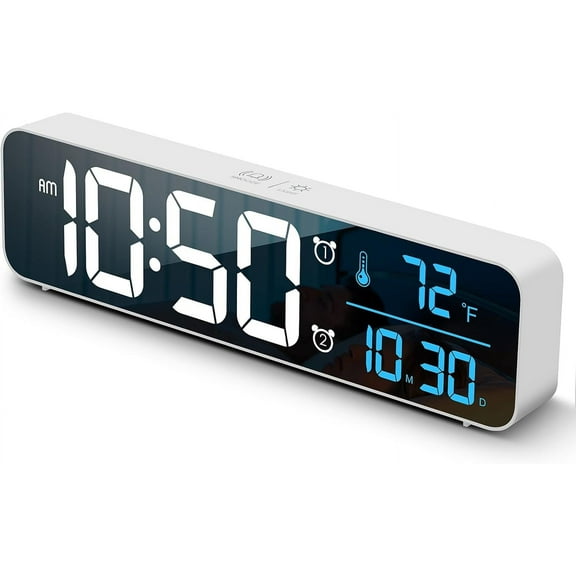 SUMMIT Digital Clock, Clock for Bedroom,Clocks for Living Room Decor,Desk Table Clock,Alarm Clock Large Display with Date Week Temperature, Automatic Brightness Dimmer, Smart Cool Modern (White Blue)