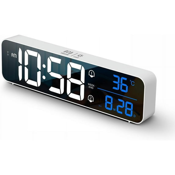 SUMMIT Digital Clock Large Display, LED Alarm Clock for Living Room Decor, Rechargeable, Sound-Activated, Snooze, Date &Temp Display Digital Desk Clock for Bedroom Kitchen Office, Wireless-White