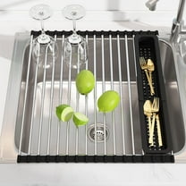 Dish Drying Rack, Roll Up Dryer Rack for Inside Sink, Expandable (12.8"-23.8" D x 15.5" W) 304 Stainless Steel Dish Drainers for Kitchen Counter, Over Sink Cover with Utensil Holder
