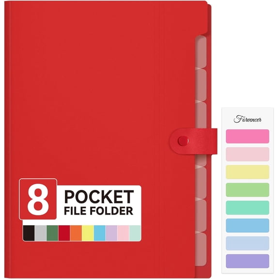 SUMMIT - Expanding File Folder with 8 Pocket, Letter Size Accordion File Organizer, Portable Folders for Documents, Cute Paper Organizer, Filling Products for School Office Supplies, A4 Size, Red
