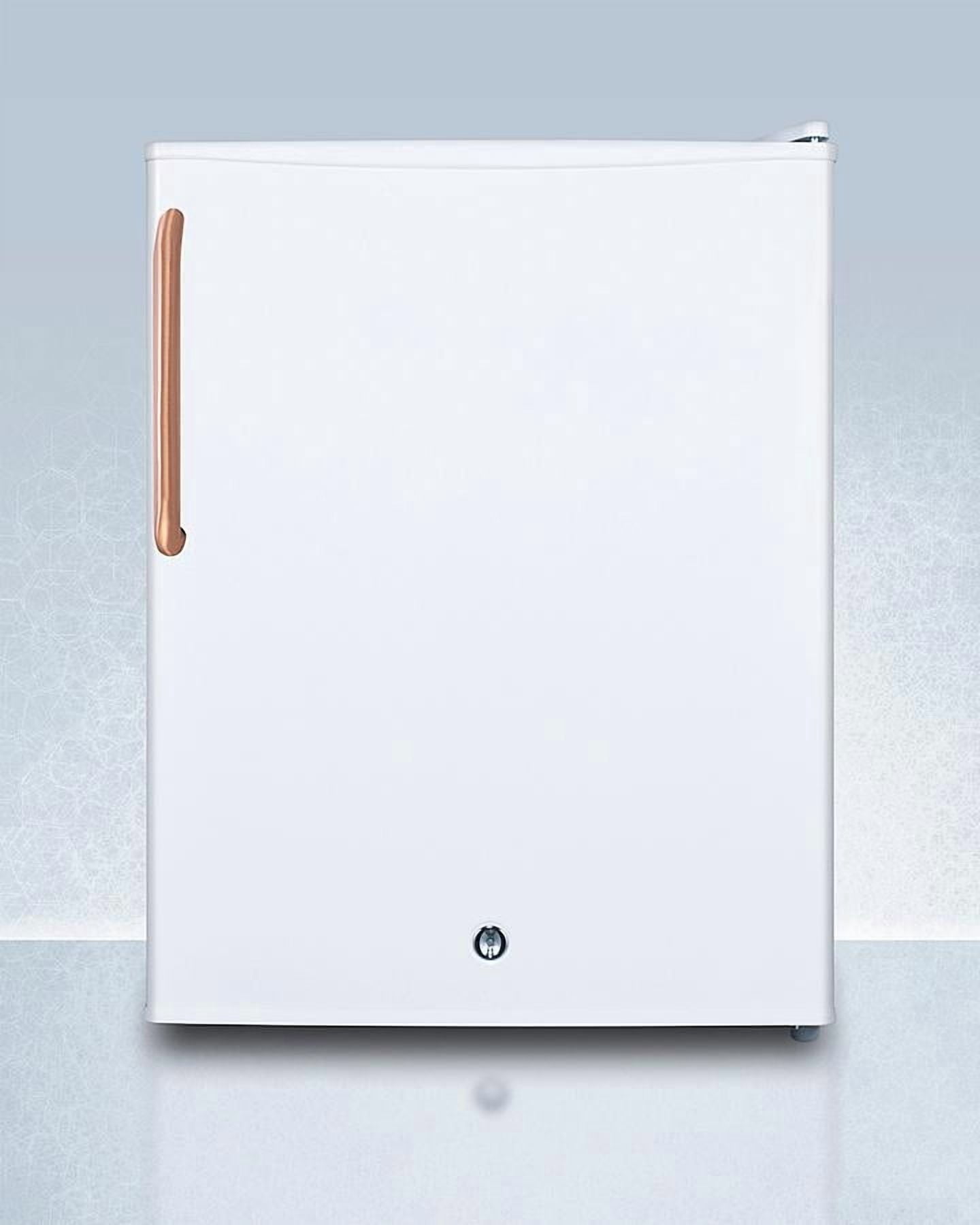 Compact all-refrigerator with automatic defrost, front-mounted lock, copper handle, and white finish