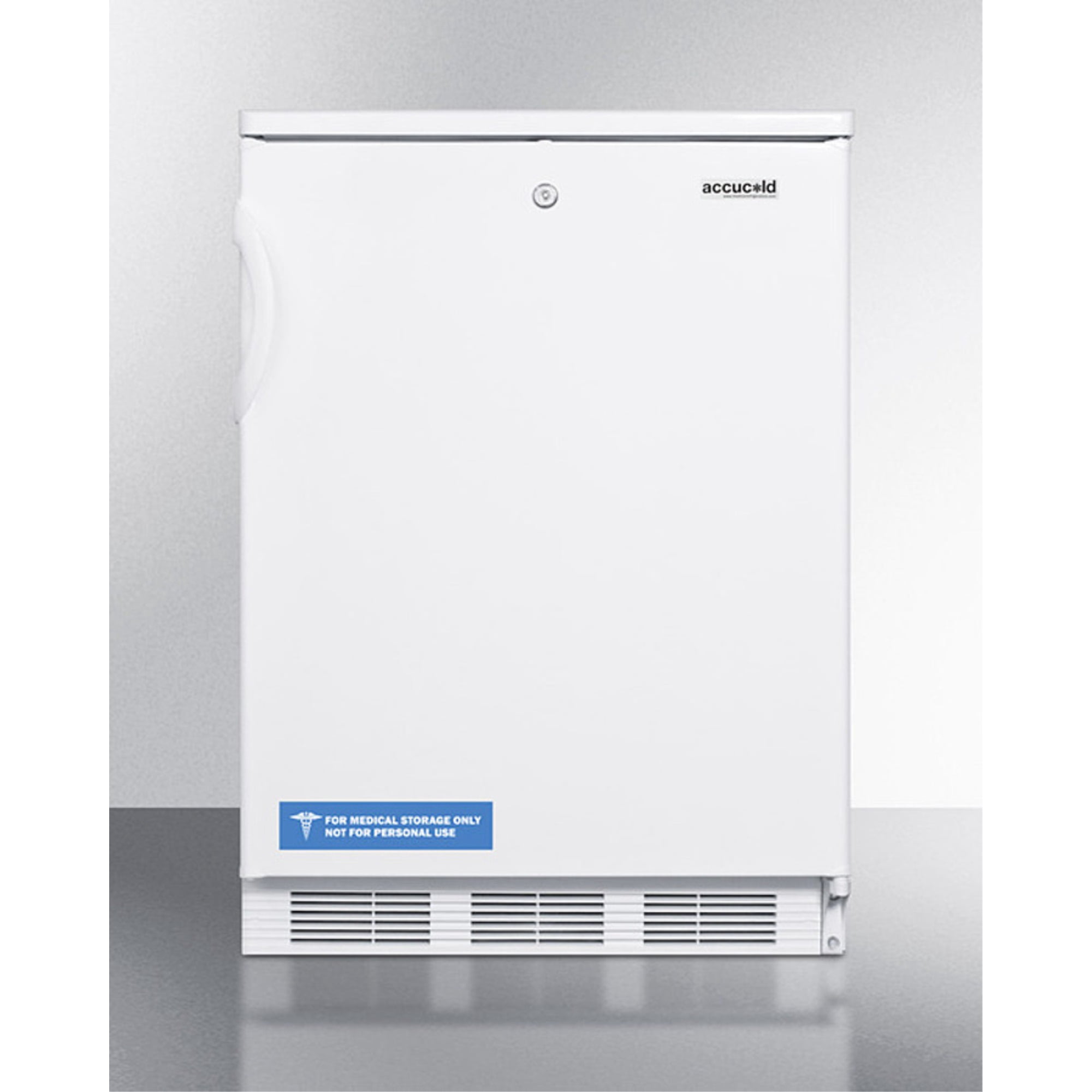 Freestanding counter height all-refrigerator for general purpose use, with front lock, automatic defrost operation and white exterior
