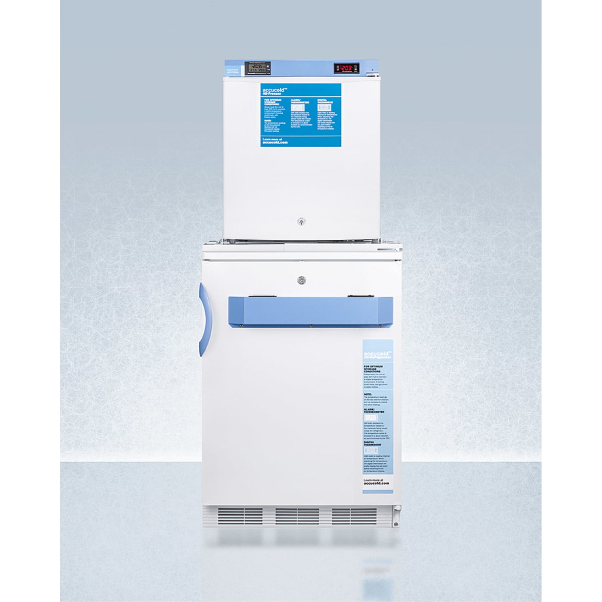 Stacked combination of FF7LWBIMED2 auto defrost all-refrigerator and FS24LMED2 compact manual defrost all-freezer, both with locks, digital controls, and NIST calibrated alarm/thermometers