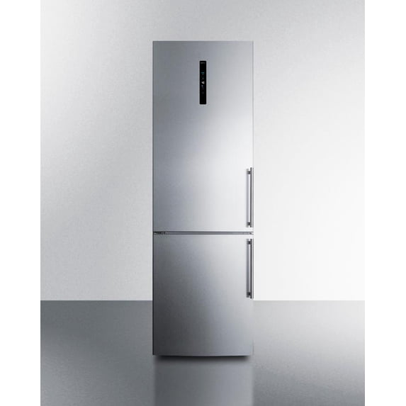 ENERGY STAR certified European counter depth bottom freezer refrigerator with stainless steel doors, platinum cabinet, and digital controls for each section