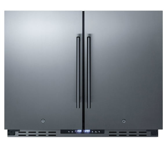 36" wide ADA height frost-free side-by-side undercounter refrigerator-freezer black cabinet, stainless steel doors, and digital controls