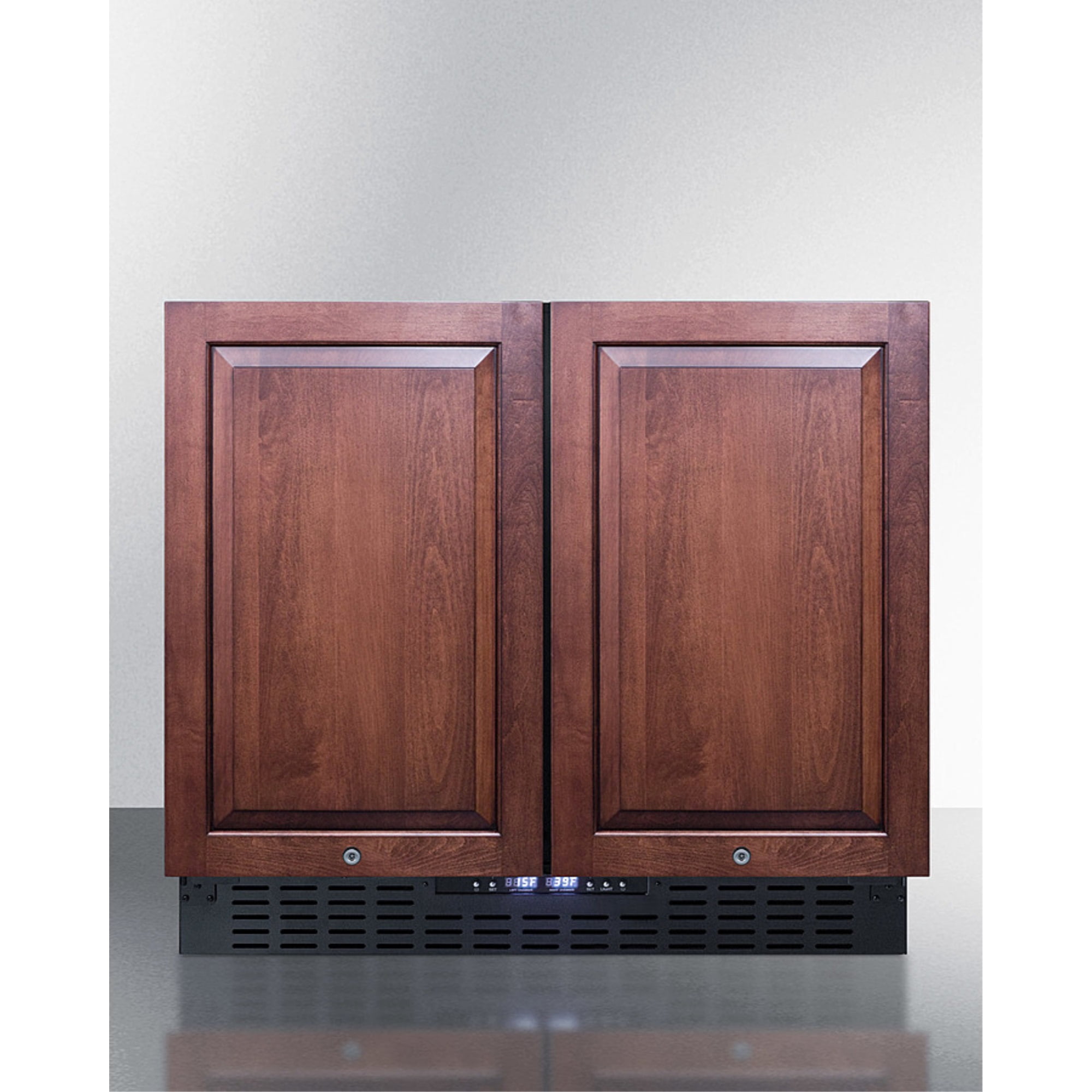 36" wide frost-free side-by-side undercounter refrigerator-freezer black cabinet, panel-ready doors, and digital controls