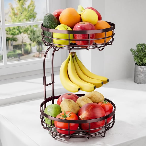 SUMMIT - Fruit Basket for Kitchen Counter - 2-Tier Large Capacity Fruit Bowl with Detachable Banana Hanger, Rust-Proof Metal Fruit Holder for Vegetables, Bread, Toiletry,10" D x 10" W x 14" H, Brown.