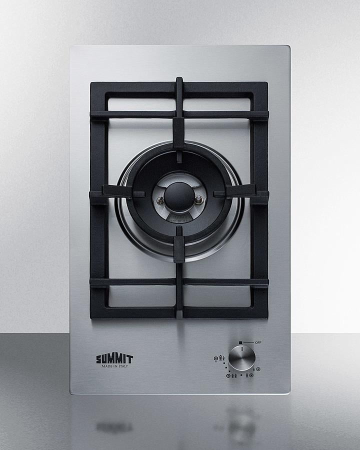 Summit GCJ1SS 12 inch Stainless Steel Gas Cooktop with 1 Sealed Burner; Designer Knobs; Cast Iron Grates; Wok Ring