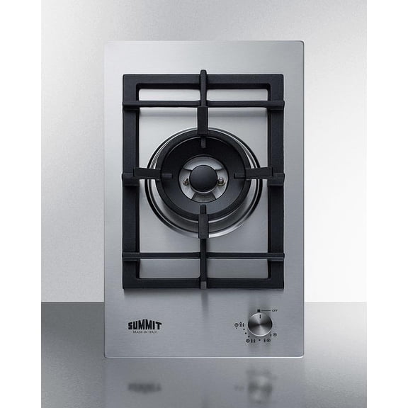 Summit GCJ1SS 12 inch Stainless Steel Gas Cooktop with 1 Sealed Burner; Designer Knobs; Cast Iron Grates; Wok Ring