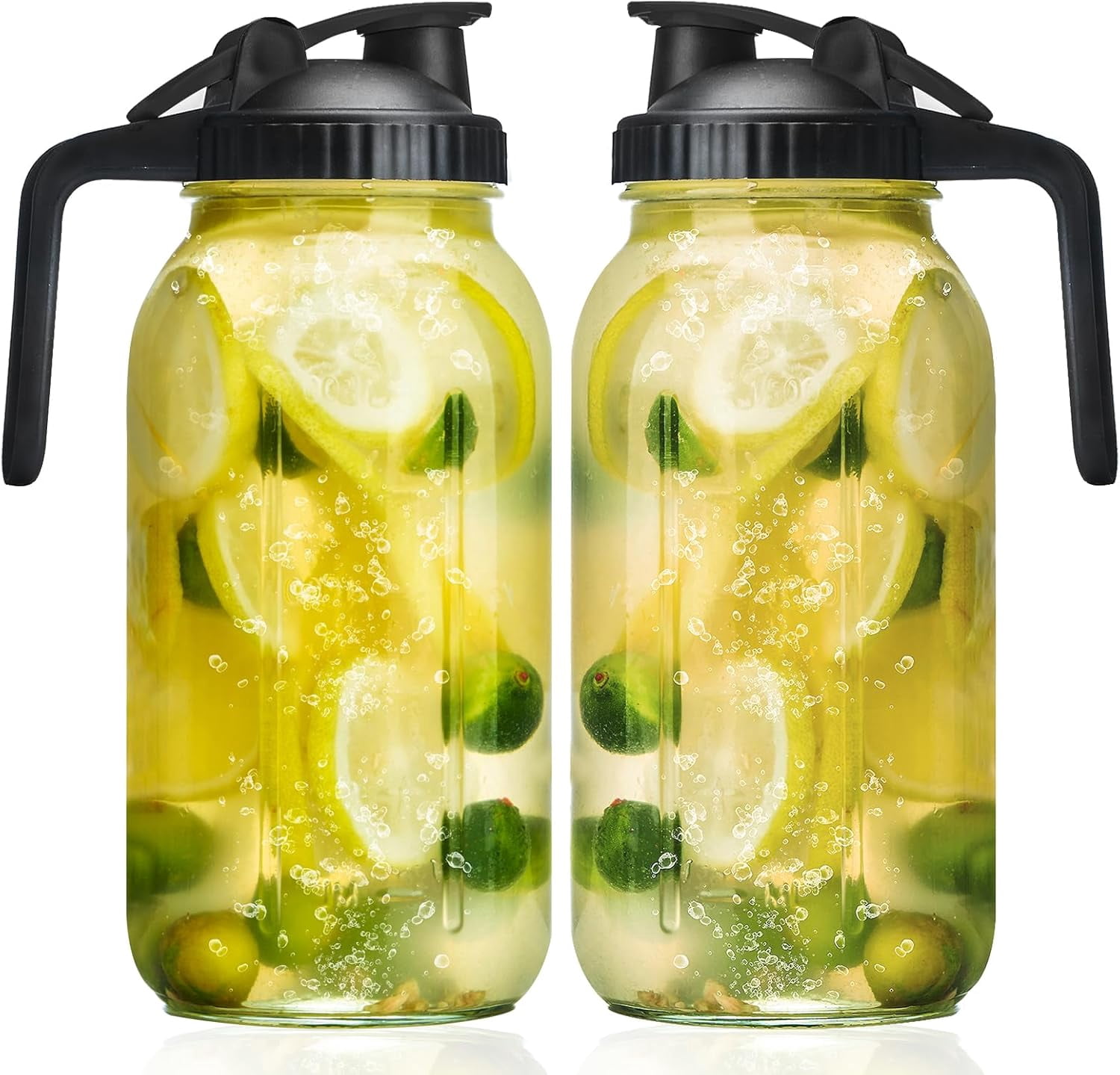 SUMMIT Glass Mason Jars Pitcher 64 Oz Pour Spout Lids & Handle (2 Pack) Wide Mouth Airtight Leak Proof Fridge Breast Milk Pitcher With Top Flip Cap 2 Quart Water Jug For Cold Brew Coffee, Iced Tea,